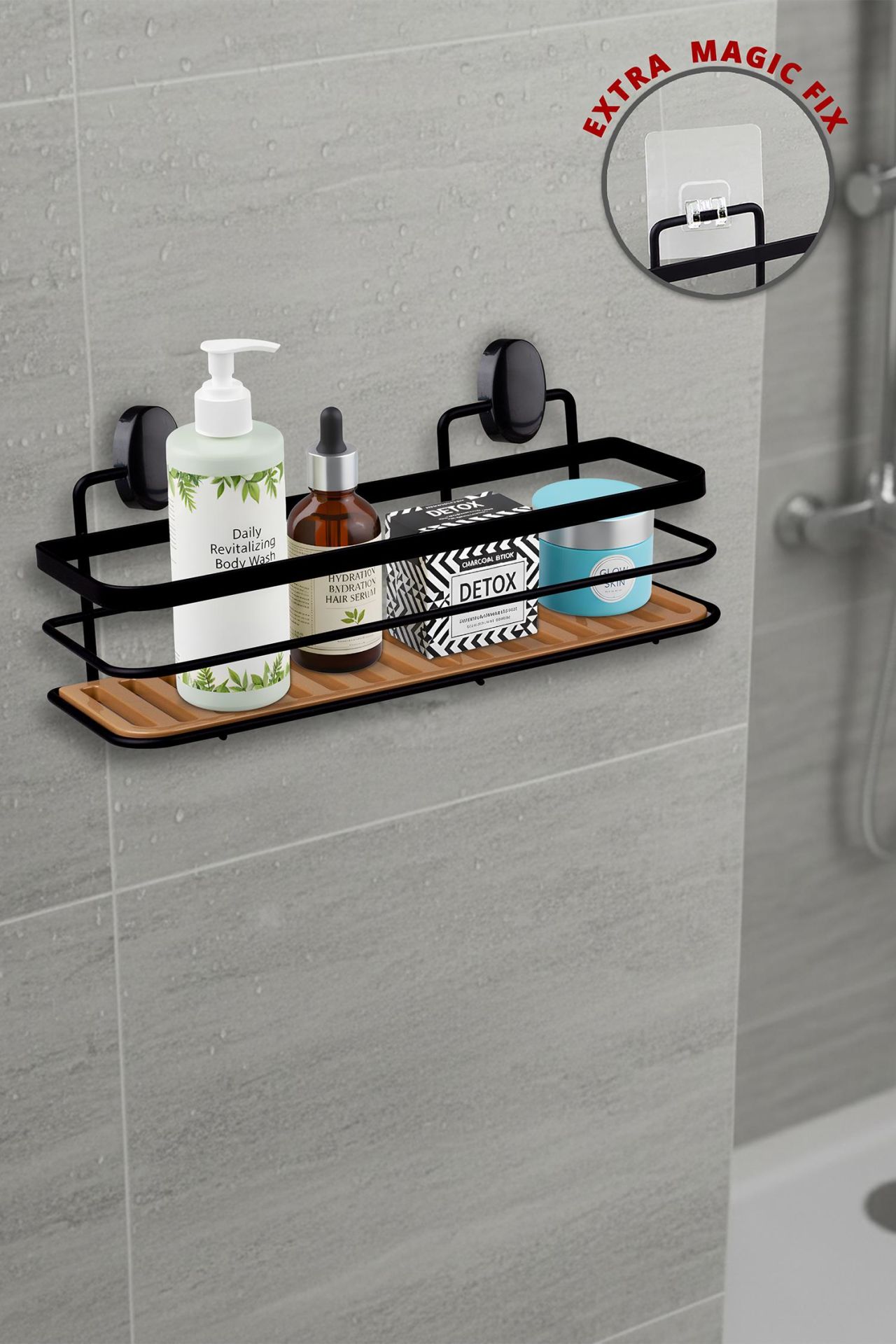 Okyanus Home Eko Magic Yapıştır&Vidala Due Tek Katlı Dikdörtgen Lamalı Şampuanlık 9,5 X 28,5 cm / Siyah