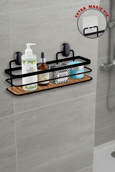 Okyanus Home Eko Magic Yapıştır&Vidala Due Tek Katlı Dikdörtgen Lamalı Şampuanlık 9,5 X 28,5 cm / Siyah