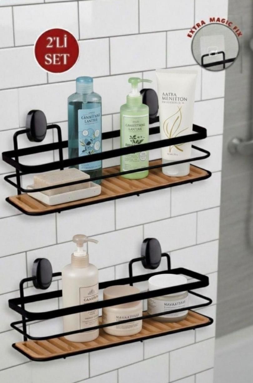 Okyanus Home Eko Magic Yapıştır&Vidala Due 2 ADET Tek Katlı Dikdörtgen Lamalı Şampuanlık 9,5 X 28,5 cm / Siyah