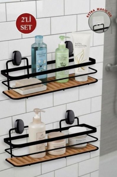 Okyanus Home Eko Magic Yapıştır&Vidala Due 2 ADET Tek Katlı Dikdörtgen Lamalı Şampuanlık 9,5 X 28,5 cm / Siyah