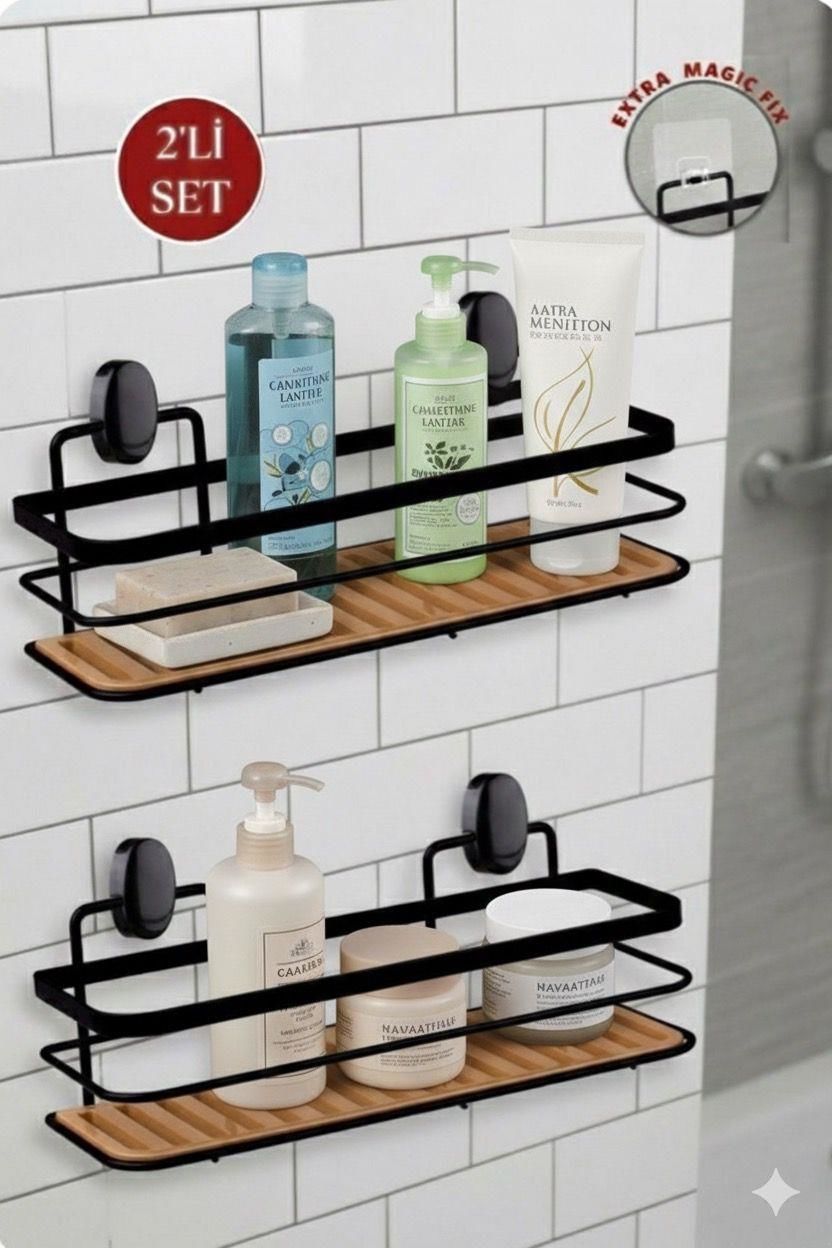 Okyanus Home Eko Magic Yapıştır&Vidala Due 2 ADET Tek Katlı Dikdörtgen Lamalı Şampuanlık 9,5 X 28,5 cm / Siyah