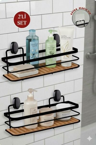 Okyanus Home Eko Magic Yapıştır&Vidala Due 2 ADET Tek Katlı Dikdörtgen Lamalı Şampuanlık 9,5 X 28,5 cm / Siyah