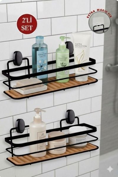 Okyanus Home Eko Magic Yapıştır&Vidala Due 2 ADET Tek Katlı Dikdörtgen Lamalı Şampuanlık 9,5 X 28,5 cm / Siyah