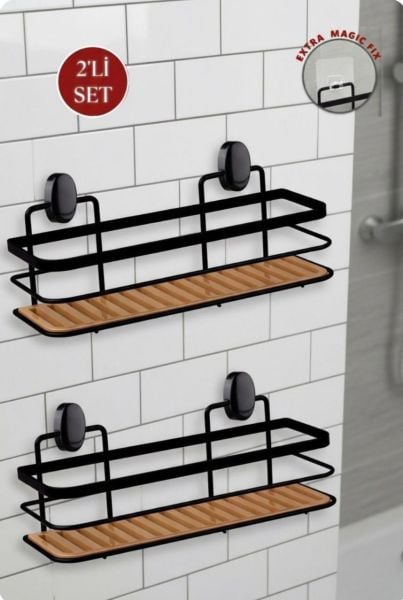 Okyanus Home Eko Magic Yapıştır&Vidala Due 2 ADET Tek Katlı Dikdörtgen Lamalı Şampuanlık 9,5 X 28,5 cm / Siyah