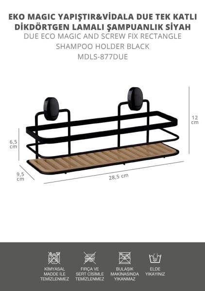 Okyanus Home Eko Magic Yapıştır&Vidala Due 2 ADET Tek Katlı Dikdörtgen Lamalı Şampuanlık 9,5 X 28,5 cm / Siyah