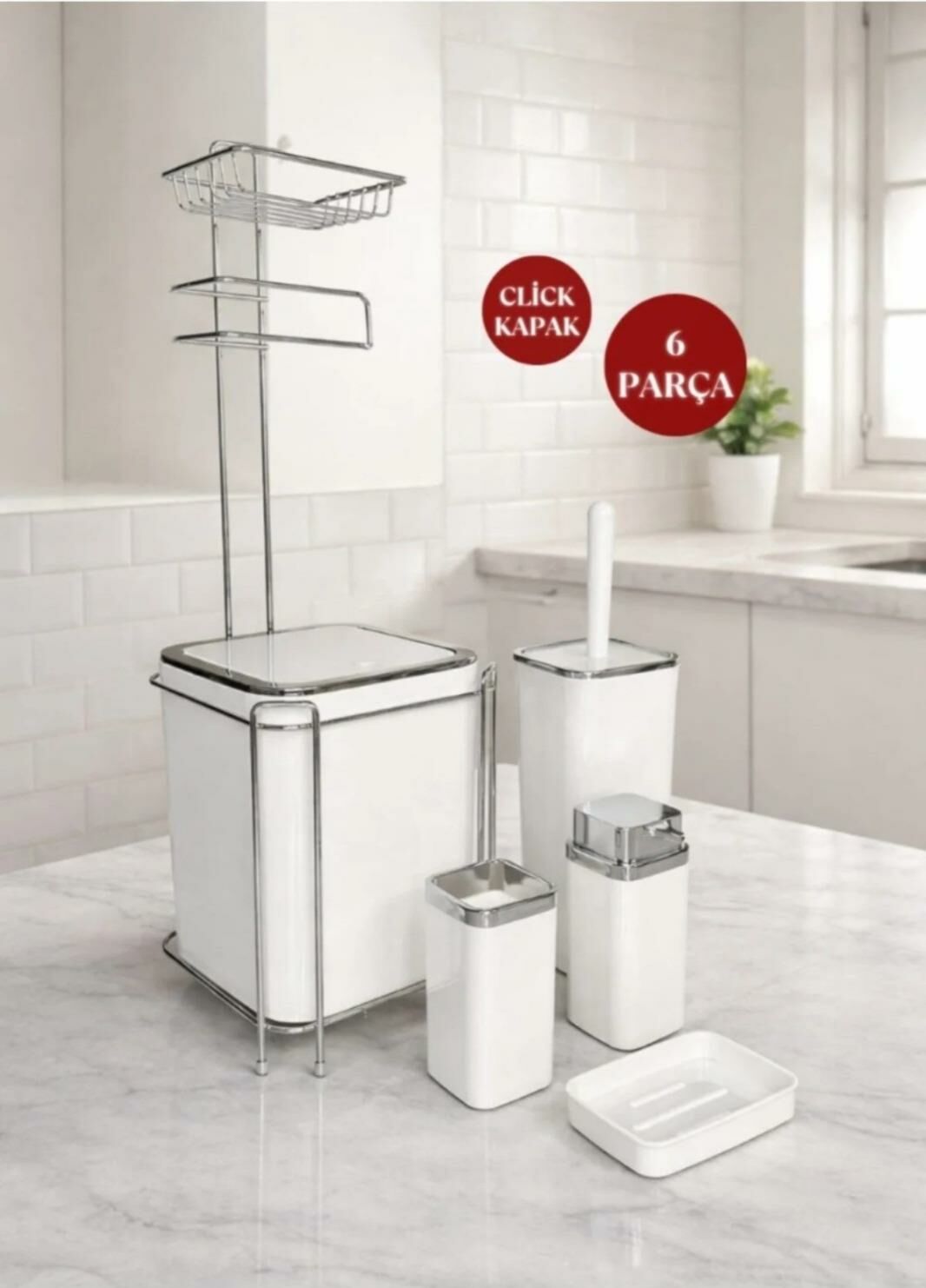 Okyanus Home  Beyaz Kare Kromlu  Yedekli Wc Kağıtlık ve 6 Parça Banyo Seti