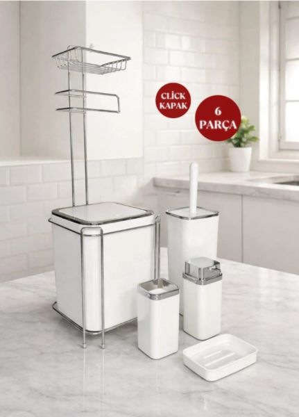 Okyanus Home  Beyaz Kare Kromlu  Yedekli Wc Kağıtlık ve 6 Parça Banyo Seti