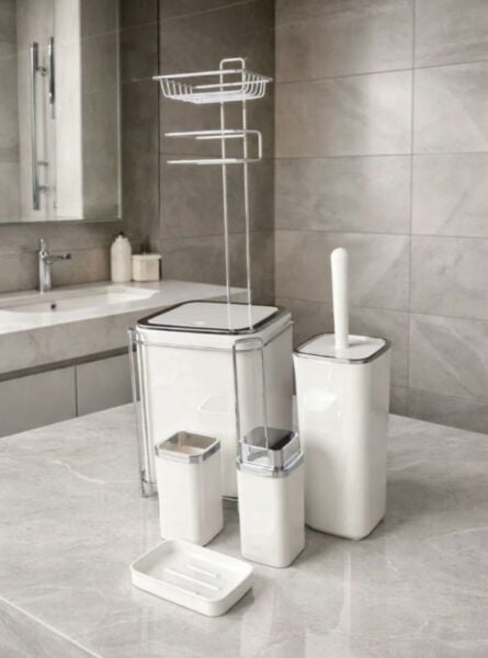 Okyanus Home  Beyaz Kare Kromlu  Yedekli Wc Kağıtlık ve 6 Parça Banyo Seti