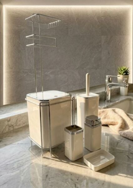 Okyanus Home  Beyaz Kare Kromlu  Yedekli Wc Kağıtlık ve 6 Parça Banyo Seti