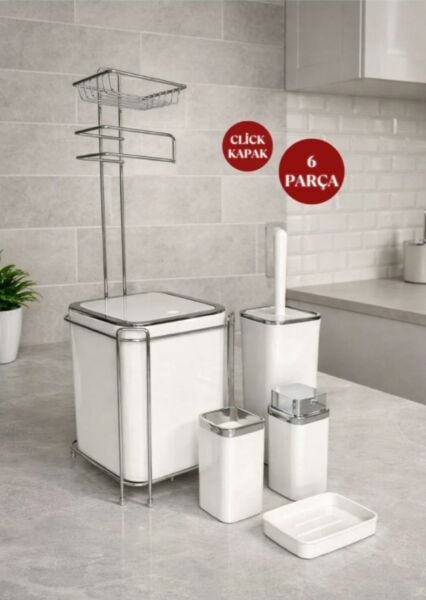 Okyanus Home  Beyaz Kare Kromlu  Yedekli Wc Kağıtlık ve 6 Parça Banyo Seti