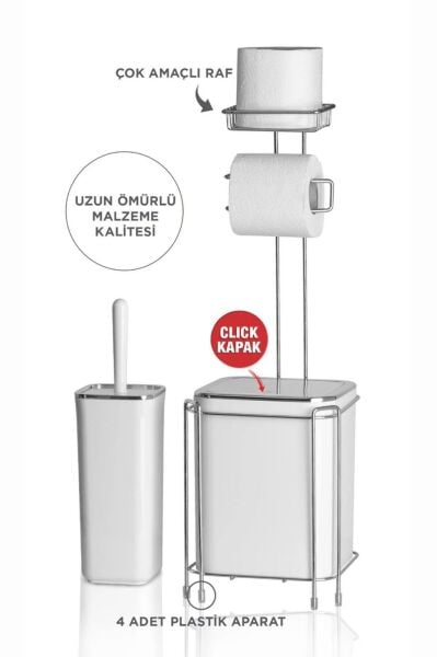 Okyanus Home  Beyaz Kare Kromlu  Yedekli Wc Kağıtlık ve 6 Parça Banyo Seti