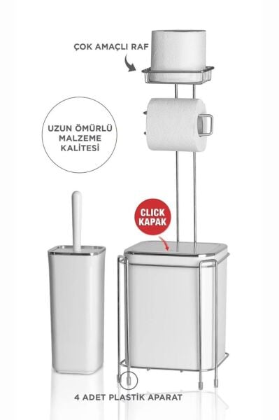 Okyanus Home  Beyaz Kare Kromlu  Yedekli Wc Kağıtlık ve 6 Parça Banyo Seti