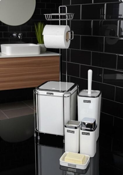 Okyanus Home  Beyaz Kare Kromlu  Yedekli Wc Kağıtlık ve 6 Parça Banyo Seti