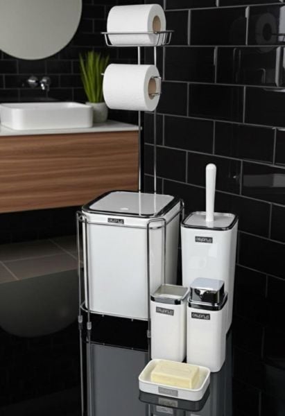 Okyanus Home  Beyaz Kare Kromlu  Yedekli Wc Kağıtlık ve 6 Parça Banyo Seti