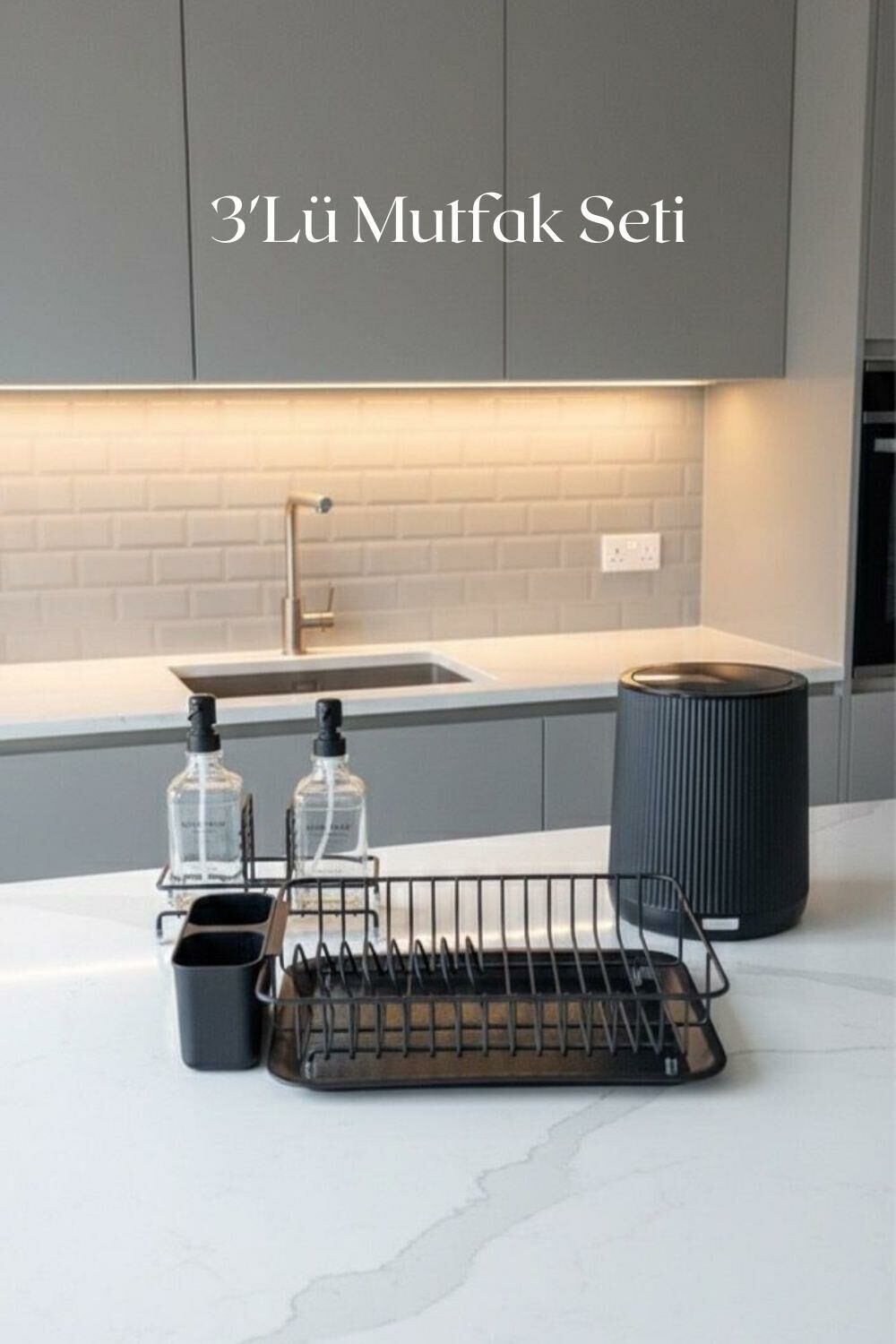 Okyanus Home 3'lü Mutfak Seti - Çeyiz Seti Siyah Bulaşıklık , Çöp Kovası, Sıvı Sabunluk