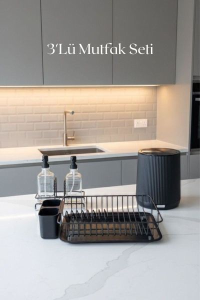 Okyanus Home 3'lü Mutfak Seti - Çeyiz Seti Siyah Bulaşıklık , Çöp Kovası, Sıvı Sabunluk