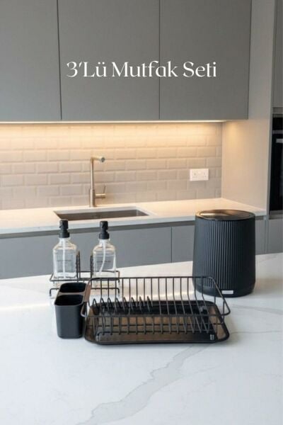 Okyanus Home 3'lü Mutfak Seti - Çeyiz Seti Siyah Bulaşıklık , Çöp Kovası, Sıvı Sabunluk