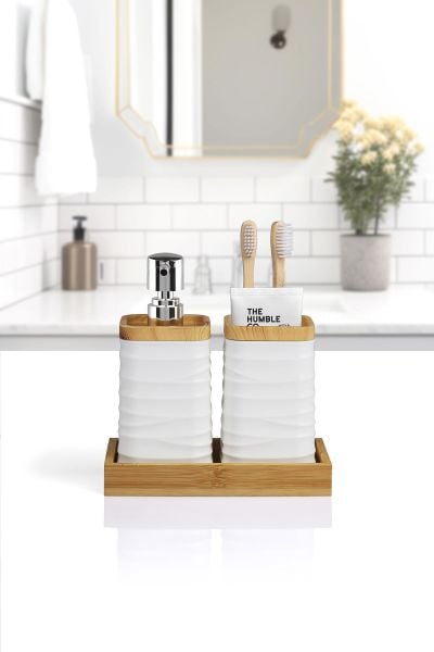 Okyanus Home Beyaz Bambulu Sıvı Sabunluk Ve Diş Fırçalık Seti