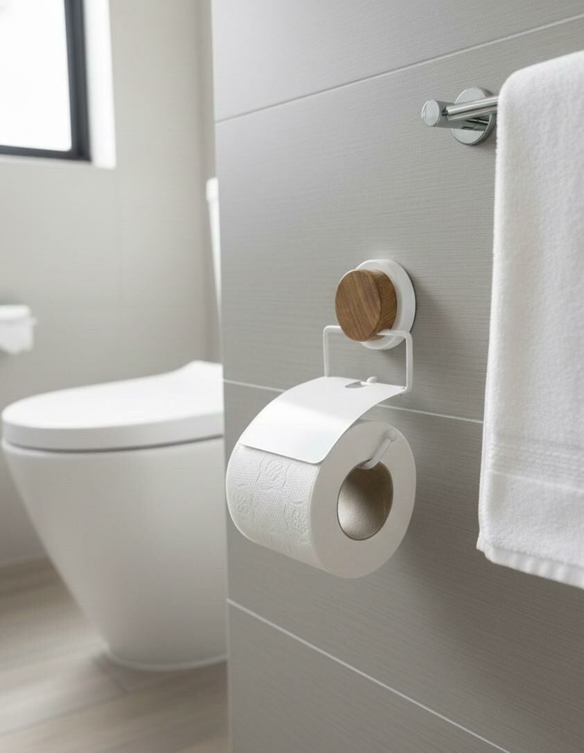 Okyanus Home Ahşap Desenli Magic Fix Sihirli Yapışkan Beyaz Kapaklı Tuvalet Kağıtlık