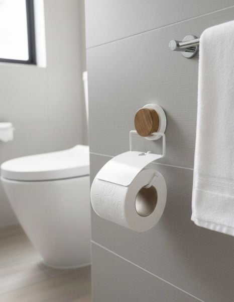 Okyanus Home Ahşap Desenli Magic Fix Sihirli Yapışkan Beyaz Kapaklı Tuvalet Kağıtlık