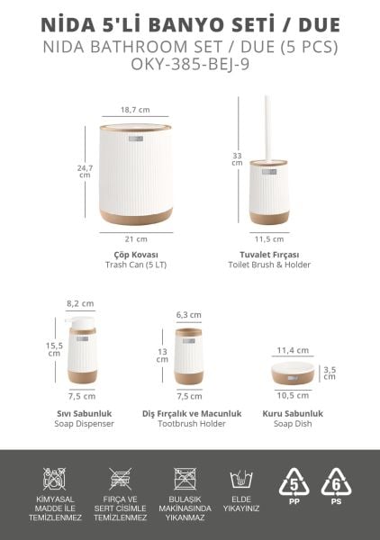 Okyanus Home Nida Beyaz Due 5'li Banyo Seti