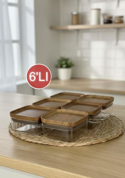 Okyanus Home 6 ADET Ahşap Kapaklı Pratik Erzak Kavanozu Kare No:1 (250 ml)