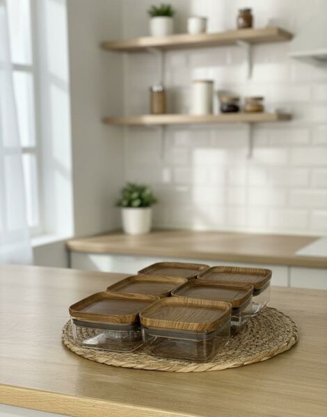 Okyanus Home 6 ADET Ahşap Kapaklı Pratik Erzak Kavanozu Kare No:1 (250 ml)