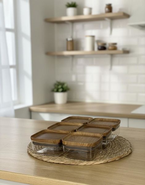 Okyanus Home 6 ADET Ahşap Kapaklı Pratik Erzak Kavanozu Kare No:1 (250 ml)