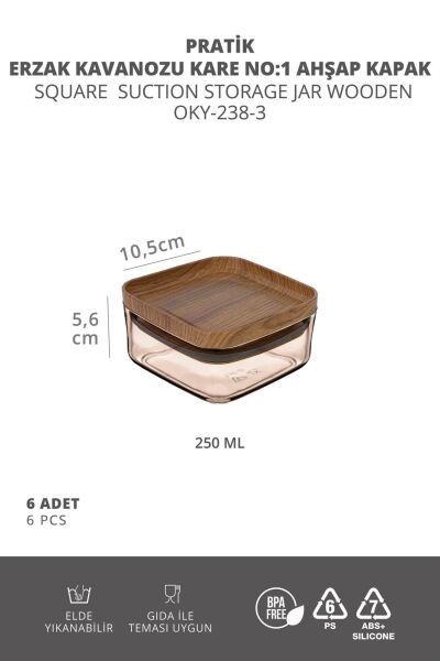 Okyanus Home 6 ADET Ahşap Kapaklı Pratik Erzak Kavanozu Kare No:1 (250 ml)