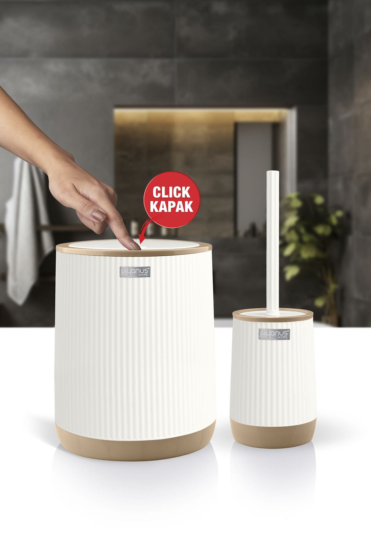 Okyanus Home Nida Beyaz Due Desenli Eko 2'li Wc Kova Ve Fırça Seti