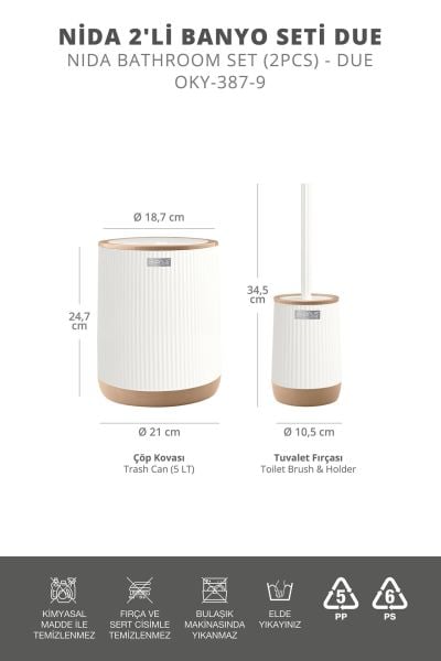 Okyanus Home Nida Beyaz Due Desenli Eko 2'li Wc Kova Ve Fırça Seti