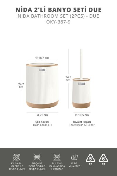 Okyanus Home Nida Beyaz Due Desenli Eko 2'li Wc Kova Ve Fırça Seti