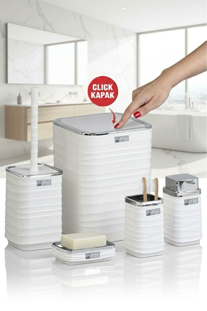Okyanus Home Beyaz Krom Dalgalı Desenli Kare 5'li Banyo Seti