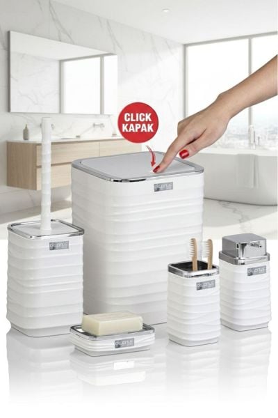 Okyanus Home Beyaz Krom Dalgalı Desenli Kare 5'li Banyo Seti