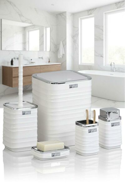 Okyanus Home Beyaz Krom Dalgalı Desenli Kare 5'li Banyo Seti