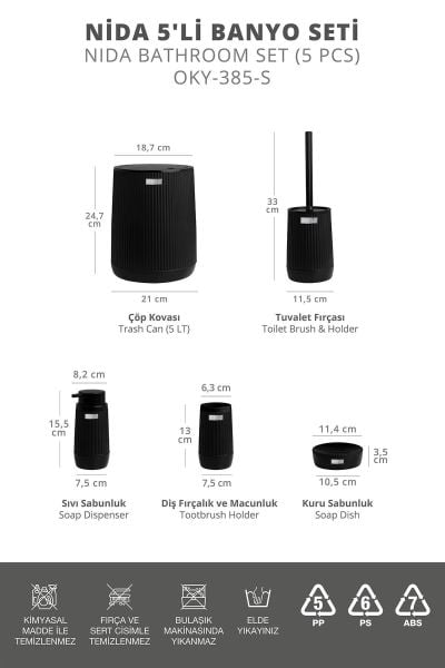 Okyanus Home Poşet Gizleyen Siyah 5 Parça Banyo Seti