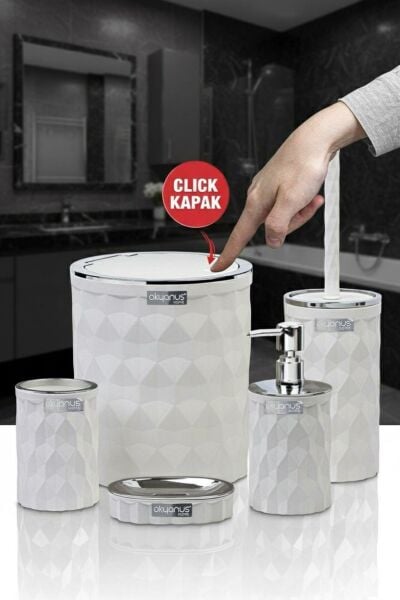 Okyanus Home Geometrik Beyaz Kromlu Click Kapak 5'li Banyo Seti