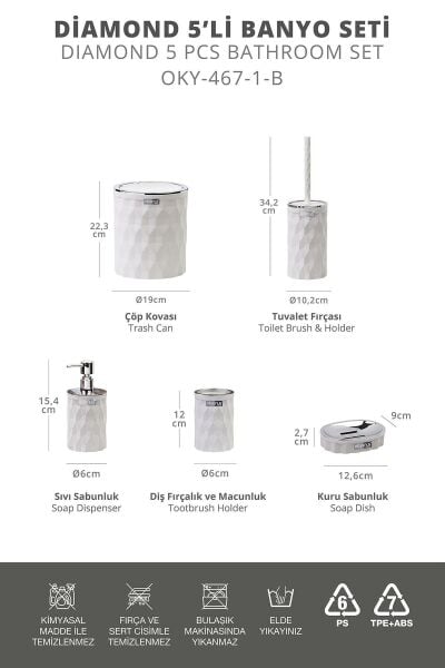 Okyanus Home Geometrik Beyaz Kromlu Click Kapak 5'li Banyo Seti