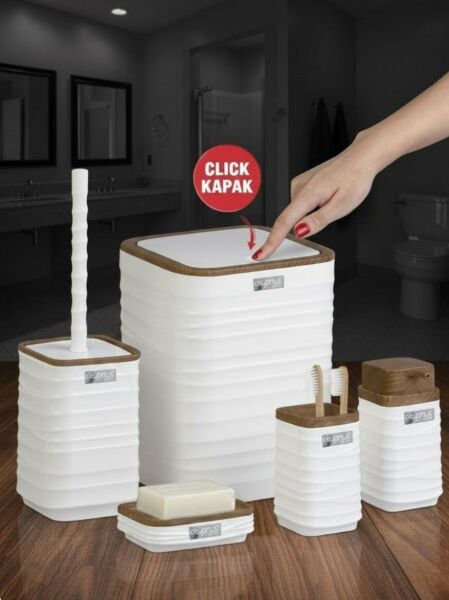 Okyanus Home Beyaz Ahşap Görünümlü Dalgalı Desenli Kare 5'li Banyo Seti