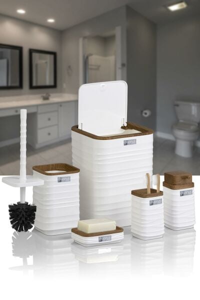 Okyanus Home Beyaz Ahşap Görünümlü Dalgalı Desenli Kare 5'li Banyo Seti
