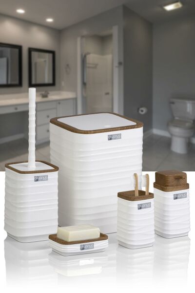 Okyanus Home Beyaz Ahşap Görünümlü Dalgalı Desenli Kare 5'li Banyo Seti