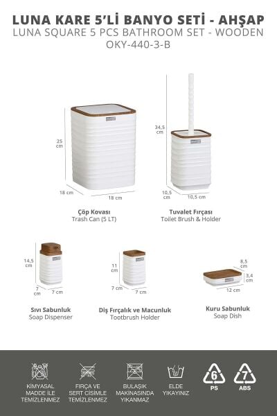 Okyanus Home Beyaz Ahşap Görünümlü Dalgalı Desenli Kare 5'li Banyo Seti