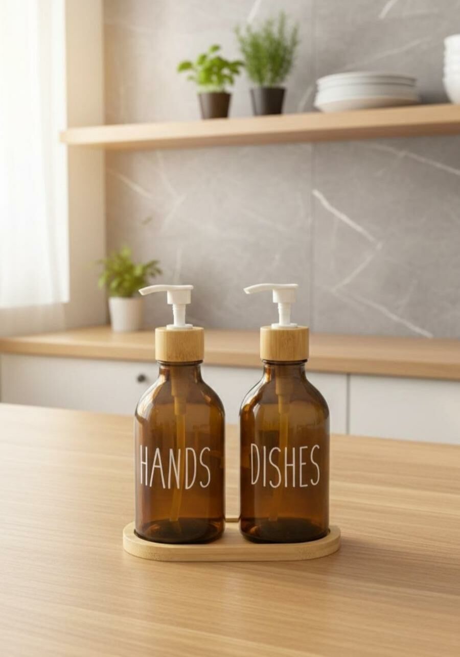 Okyanus Home Bambu Stantlı Amber 2'li  Cam Sıvı Sabunluk Seti 500ml