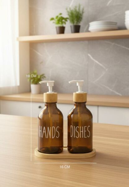 Okyanus Home Bambu Stantlı Amber 2'li  Cam Sıvı Sabunluk Seti 500ml