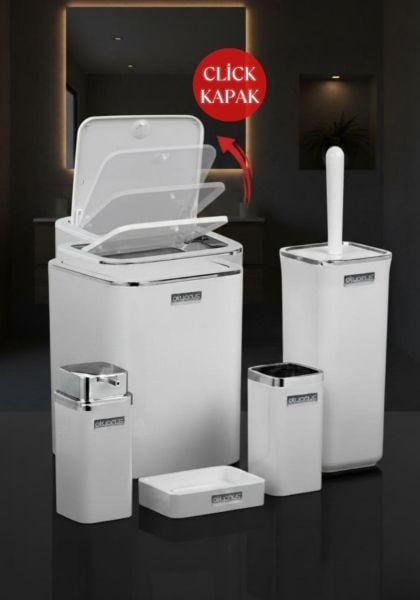 Okyanus Home Beyaz Kare Krom Kenarlıklı 5'li Banyo Seti