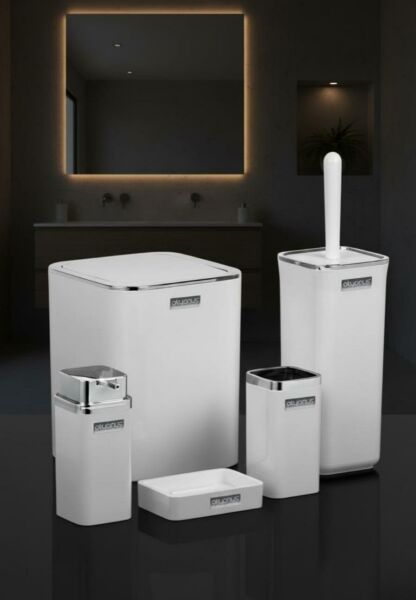 Okyanus Home Beyaz Kare Krom Kenarlıklı 5'li Banyo Seti