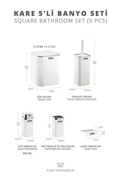 Okyanus Home Beyaz Kare Krom Kenarlıklı 5'li Banyo Seti