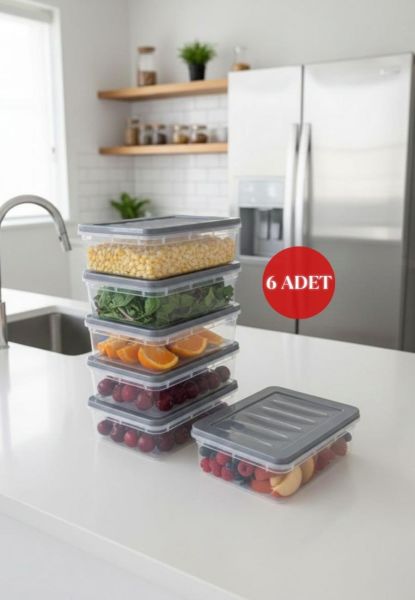 Okyanus Home Buzdolabı Organizer Mikrodalga Ve Dondurucuya Uygun Saklama Kabı Antrasit 6 ADET 600ML