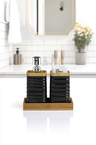 Okyanus Home Siyah Bambulu Sıvı Sabunluk Ve Diş Fırçalık Seti
