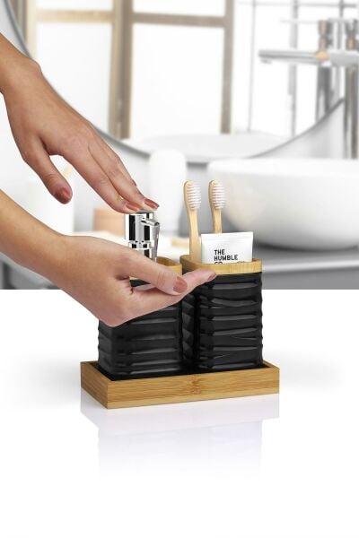 Okyanus Home Siyah Bambulu Sıvı Sabunluk Ve Diş Fırçalık Seti